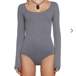 Gray Ribbed Long Sleeve Bodysuit